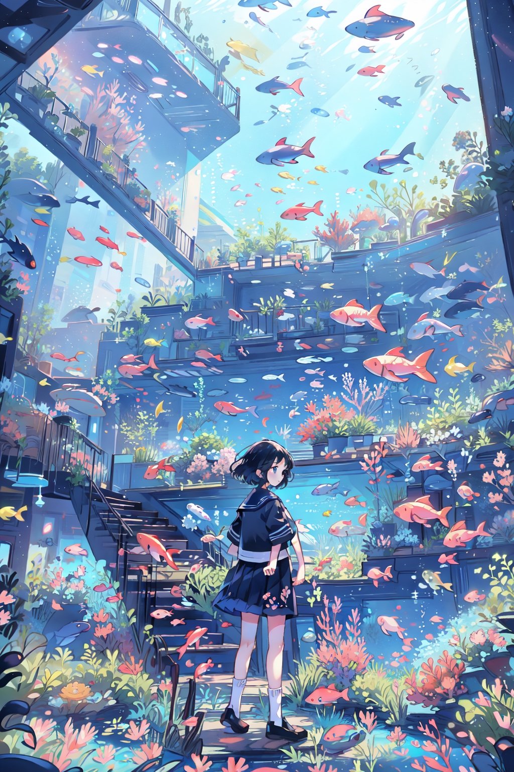 1girl, fish, stairs, scenery, solo, skirt, railing, black hair, standing in a room watching outside is a underworld, like aquarium, school uniform, short hair, underwater, serafuku, wide shot, jellyfish, shoes, pleated skirt, bubble, from behind, coral, facing away, shirt, socks, underworld,watercolor,shaonv,kawaiitech