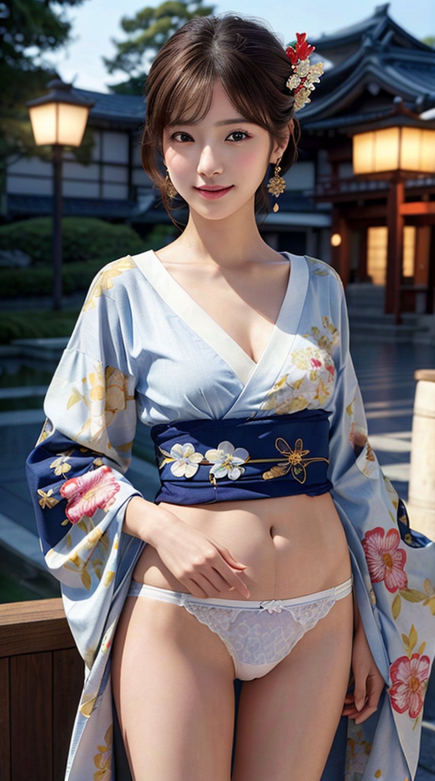 (best quality, masterpiece:1.2,  photorealistic:1.4,  highly detailed),  1 girl,  in her 20s,  detailed beautiful face,  smile,  detailed beautiful eyes,  medium-length light-brown hair,  wearing a fashionable navy kimono, hair ornament,  earrings,  realistic detailed skin texture,  detailed hair,  at hotel lounge,  at night,  sharp focus, from below portrait, Japanese girl, perfect body,
,colorful_girl_v2,(white lowleg panties/low leg panties)