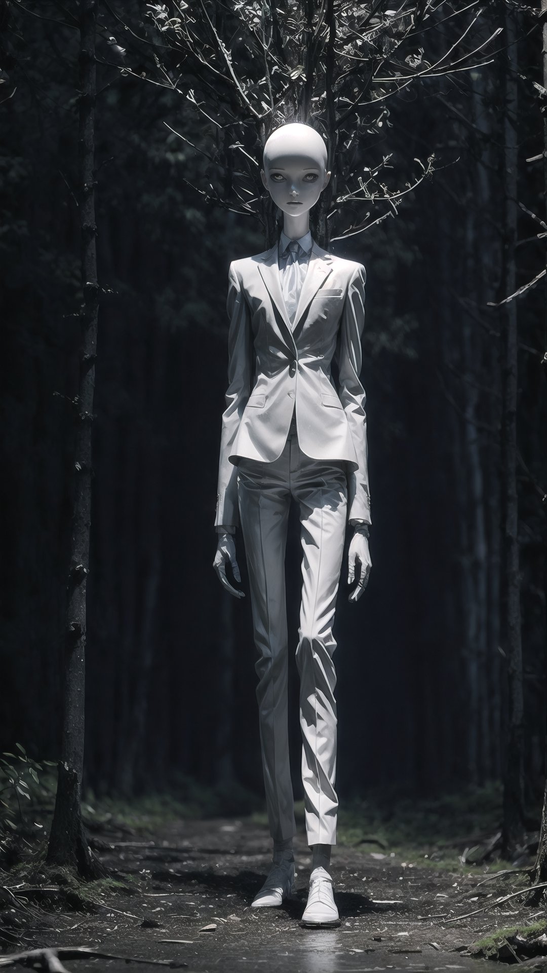 A tall, thin humanoid figure with a featureless white head and face, wearing a black suit and tie. The figure is standing in a dark forest, and the trees are distorted and twisted. The figure is looking directly at the viewer, and its eyes glow with an eerie white light. photorealistic