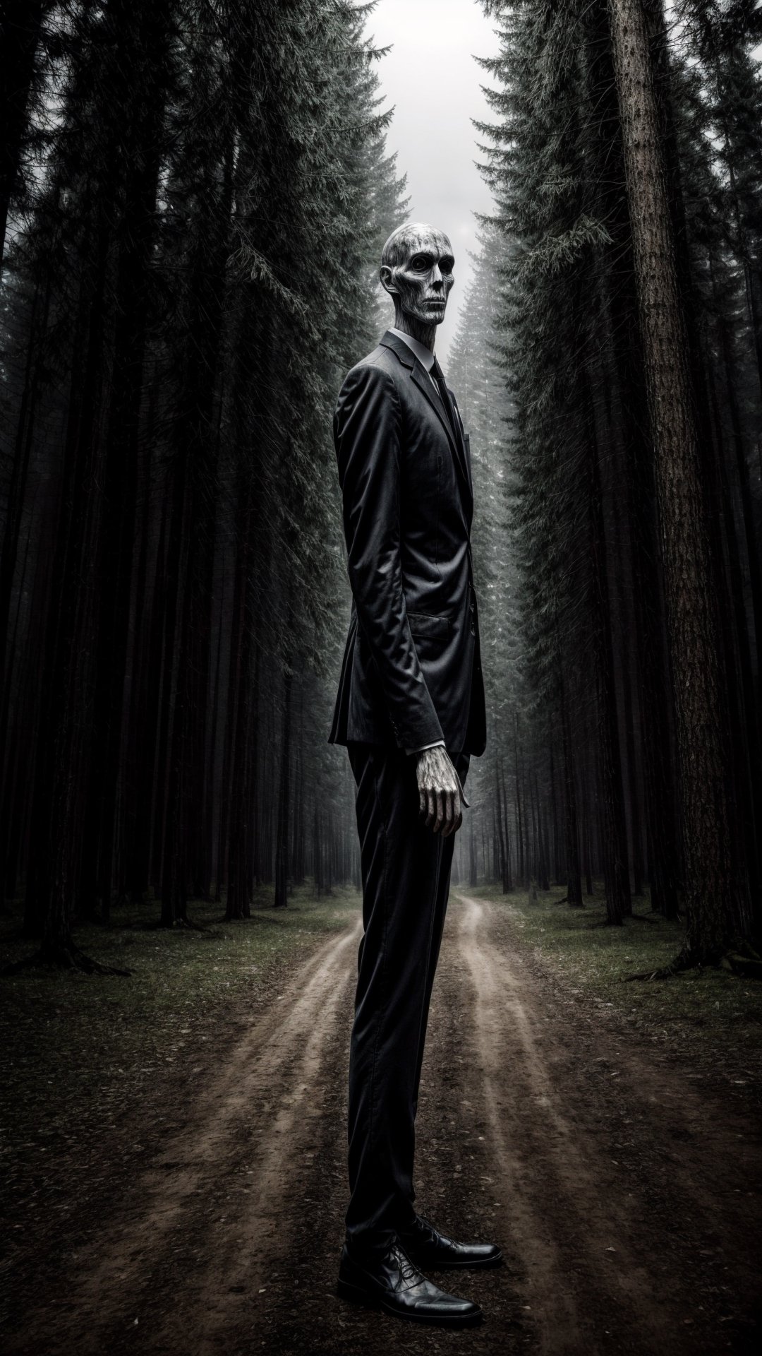 A tall, thin humanoid figure with a featureless white head and face, wearing a black suit and tie. The figure is standing in a dark forest, and the trees are distorted and twisted. The figure is looking directly at the viewer, and its eyes glow with an eerie white light. photorealistic,photorealistic