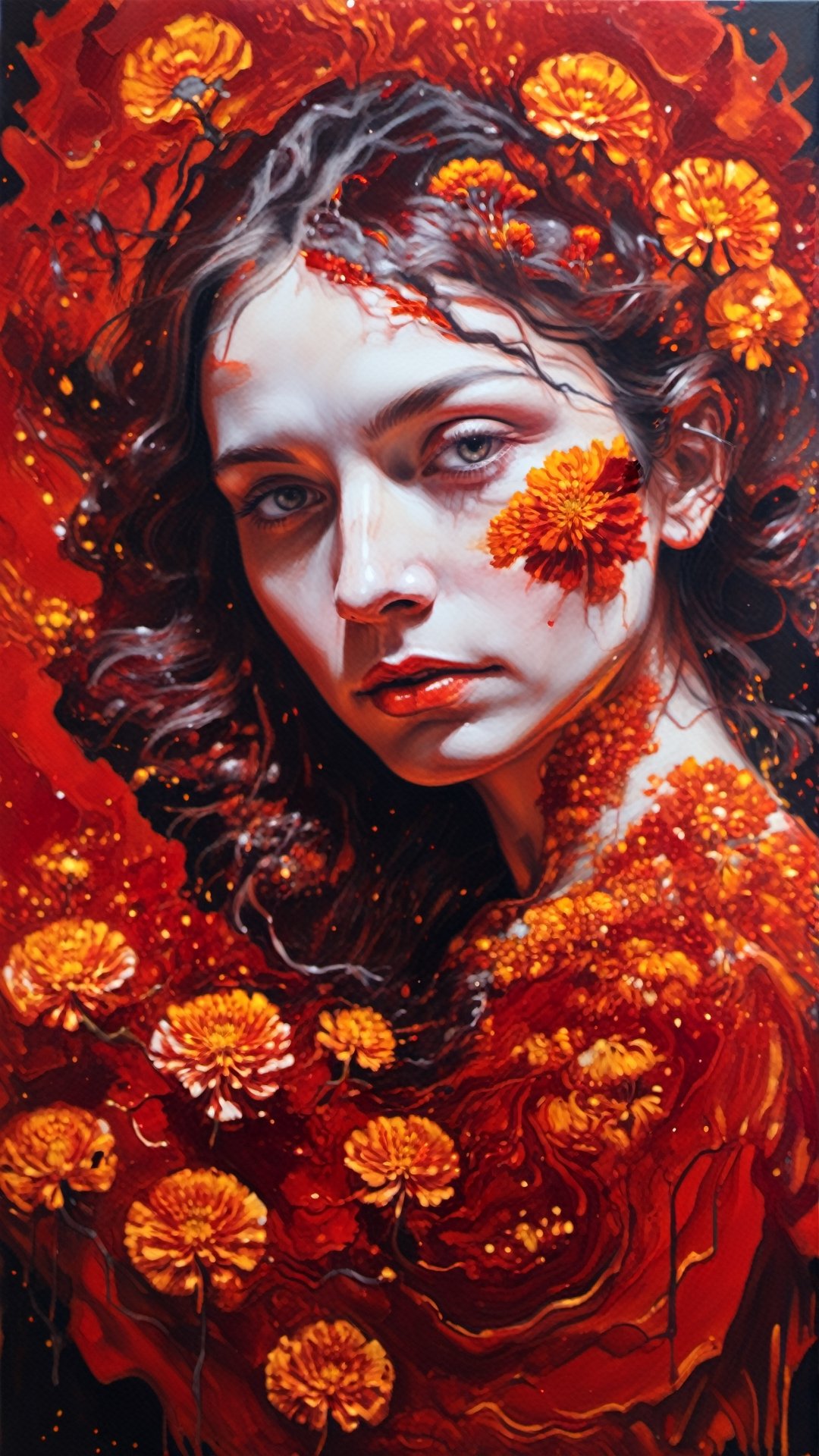 (Fluid art), ultra-detailed, masterpiece, a painting portrait of a woman , marigold , red theme , aesthetic, dreamy,detailmaster2