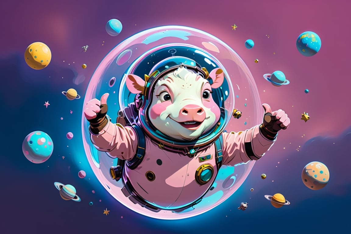 Epic and cinematic, a cow in a bubble helmet, one hand with big thumbsup pose, flyiing, floating in space, cosmic, surreal, professional, award-winning, space trip surround by planets, pinlk color background, by Van Gogh