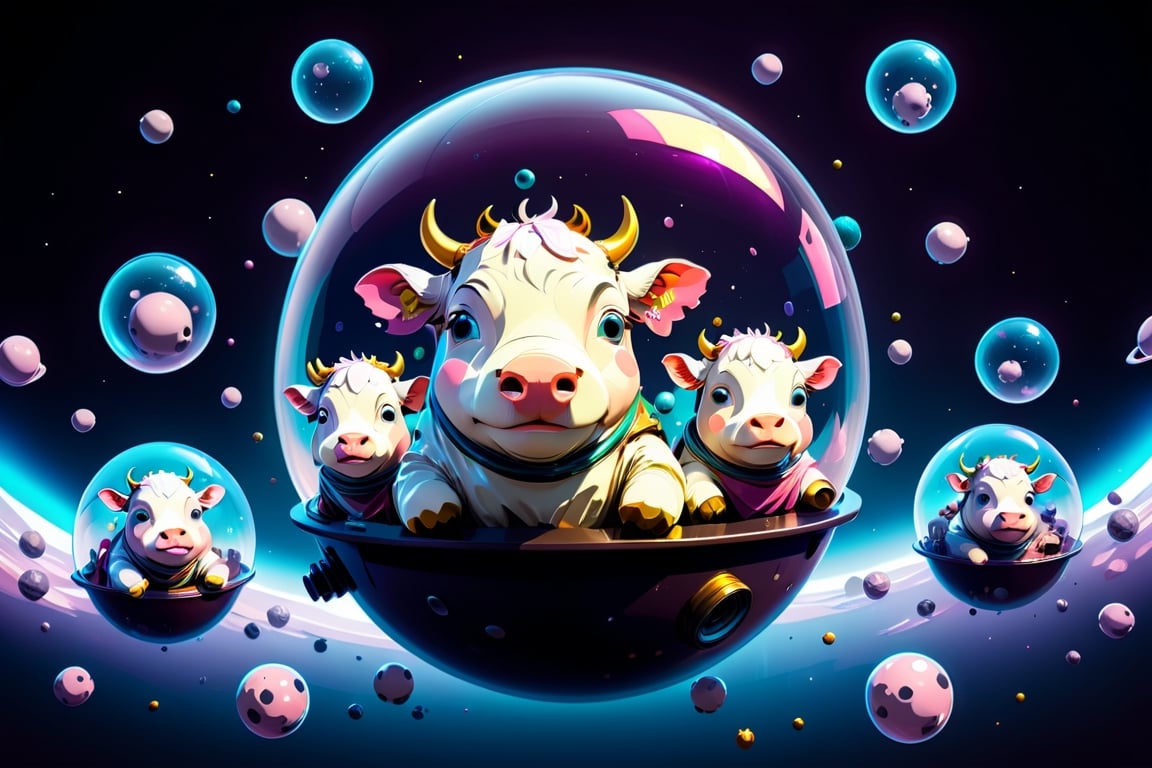 Epic and cinematic, many cows in a bubble helmet floating in space, cosmic, surreal, professional, award-winning