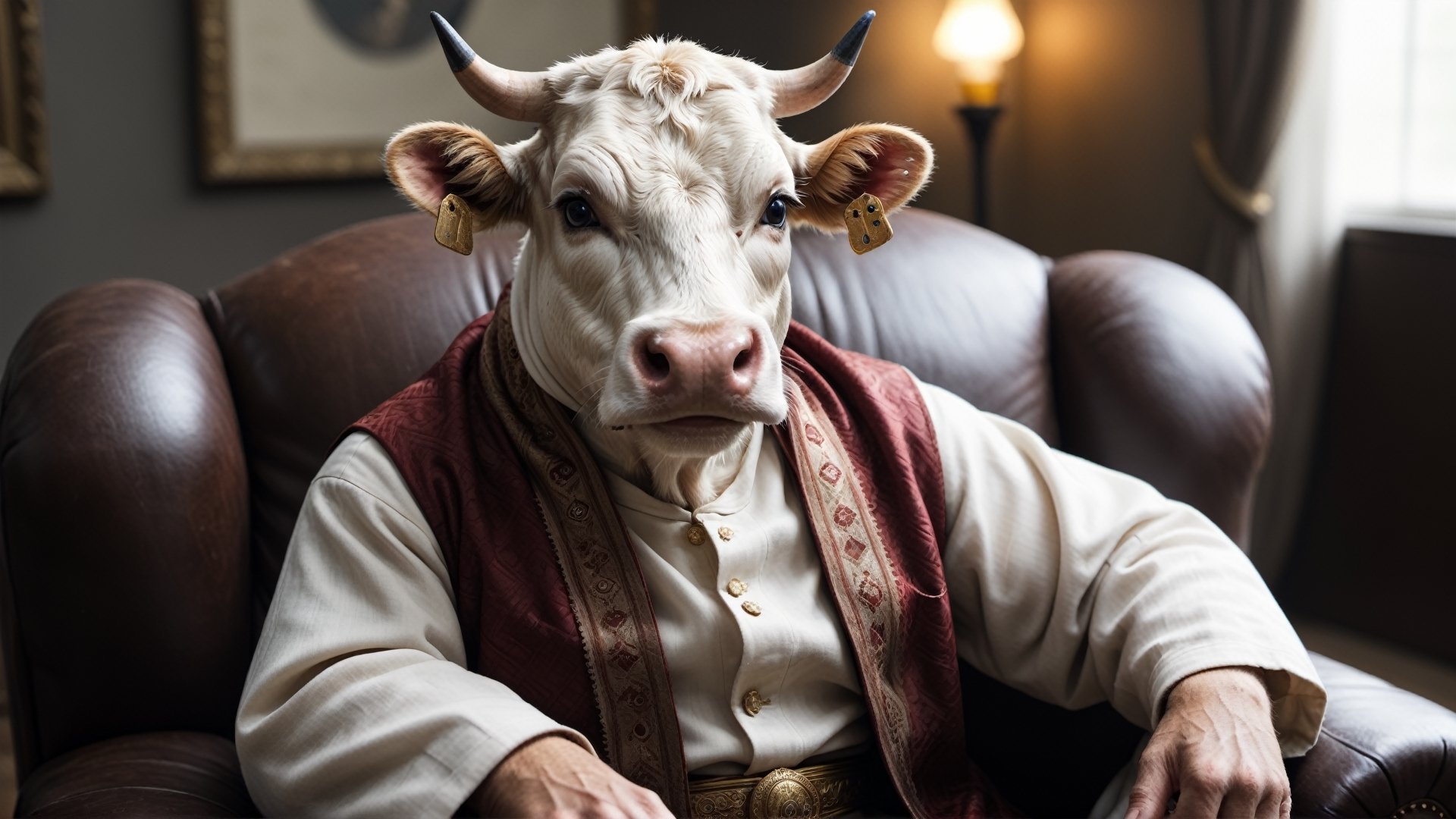 (best quality, 8k, 32K UHD, highres, masterpiece:2.1), ultra-detailed, hyper-realistic,A cow dressed in arabic cloth(( thobe and shemagh and egal)) is sitting on the leather sofa, thumbsup, gentell smile, sinematic light