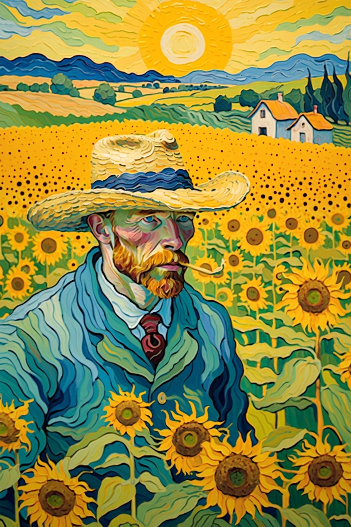 Oil painting, Directors: Van Gogh, coloring, Abstract, abstract background, ​masterpiece, Best quality at best, Ultra Detail Wallpapers, gaffer, Wearing a straw hat, cows, cows, cows, many cows, cornfield, wood, sao, Surreal dreamscape, sunflower, natta, 4k,oil painting