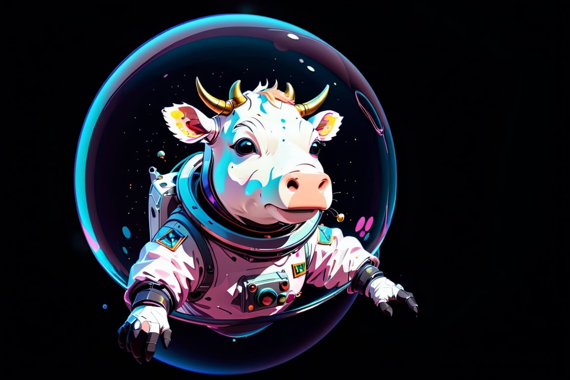 Extreme Long Shot, Epic and cinematic, cow in a bubble helmet floating in space, cosmic, surreal, professional, award-winning