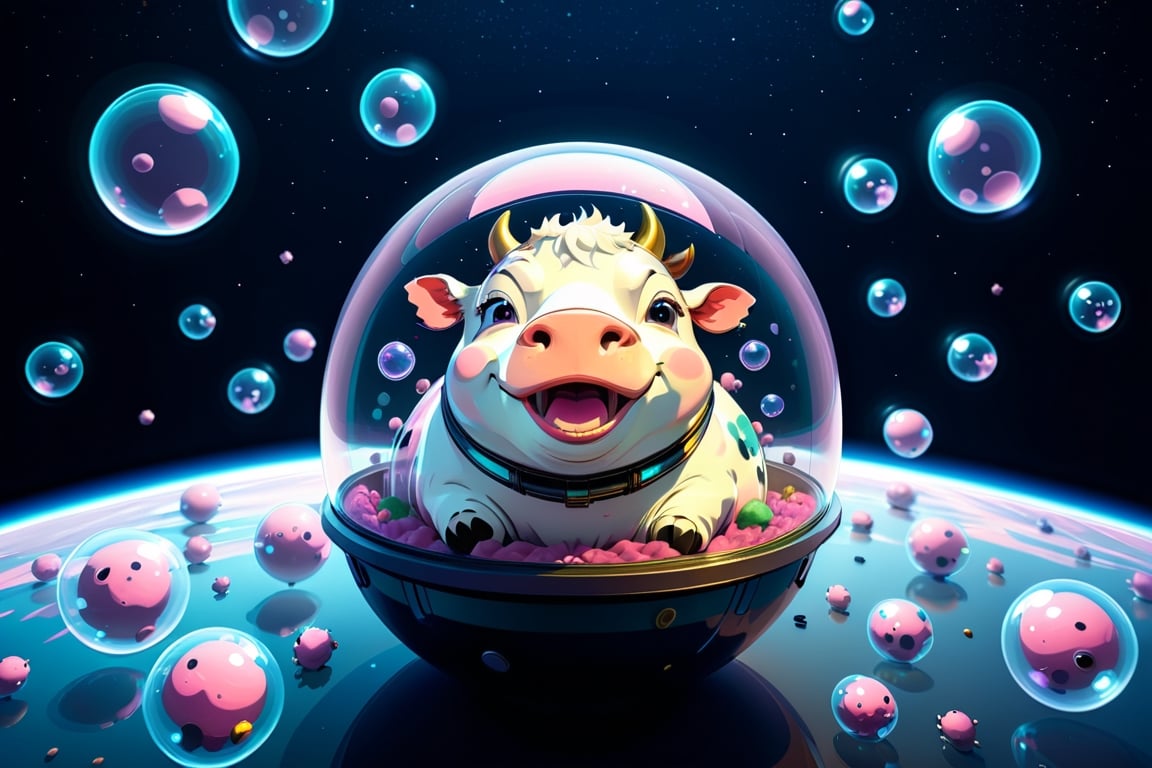 Epic and cinematic, many cows in a bubble helmet floating in space, cosmic, surreal, professional, award-winning