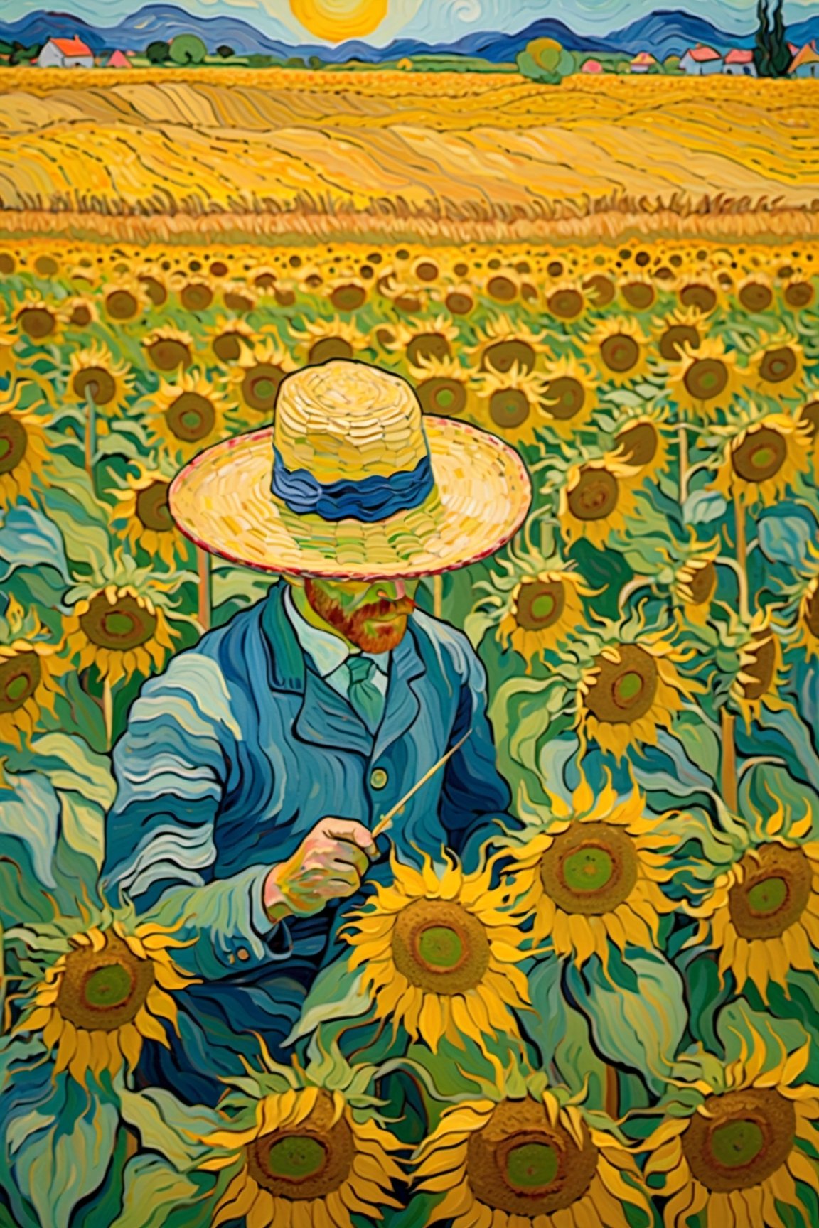 Oil painting, Directors: Van Gogh, coloring, Abstract, abstract background, ​masterpiece, Best quality at best, Ultra Detail Wallpapers, gaffer, Wearing a straw hat, cornfield, wood, sao, Surreal dreamscape, sunflower, natta, 4k,oil painting