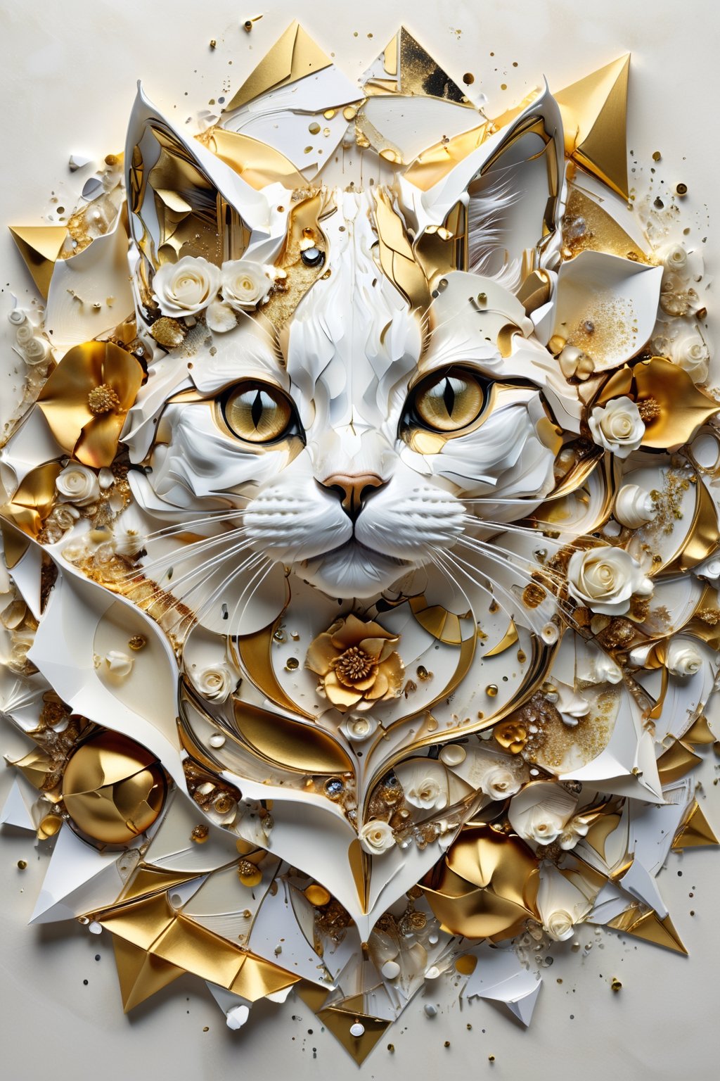 Ultra detailed artistic abstract photography of a cat's face (geometrical), golden, white roses, detailed symmetric circular iris, shattered paper fragments, inspired by Alberto Seveso, abstract art style, intricate complex watercolor painting, sharp eyes, digital painting, color explosion, ink drip, mix gold and white colors, Concept art, volumetric lighting, metallic reflections, 8k, concept photography, 
