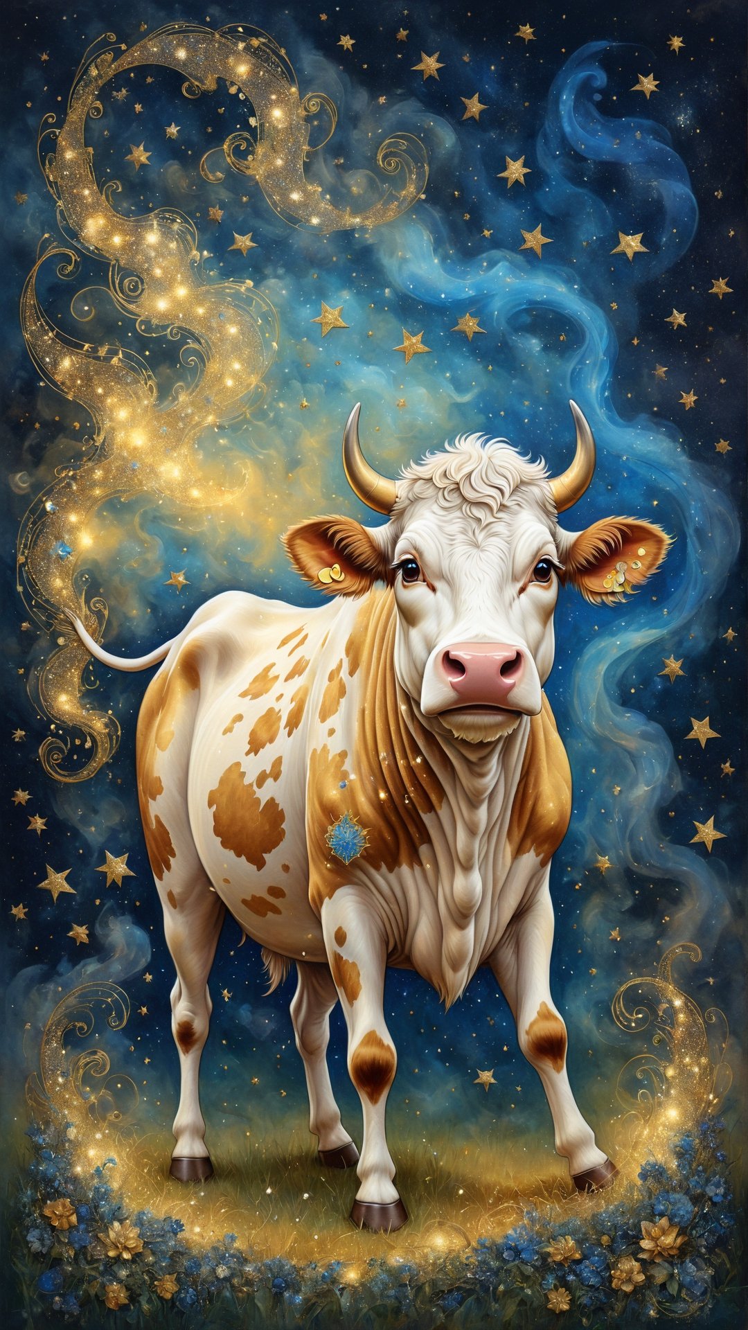 a beautiful cow in middle with full body, whimsical illustration of a magical night in an astral card, painted on old wrinkled paper, one of it's kind, surrealism, pointillism, golden and sapphire, pearlescent glow, glowy smoke, billowing smoke, dynamic strokes, art by MSchiffer