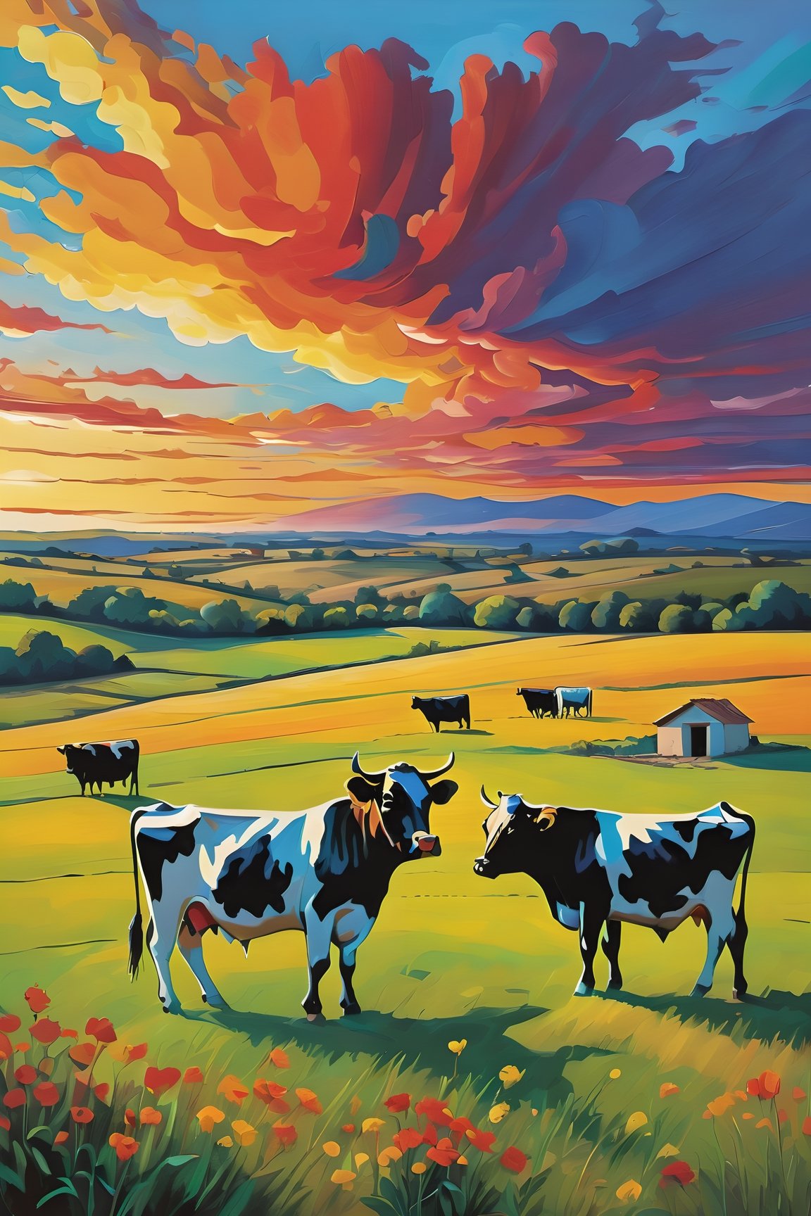 Extreme Wide/Long Shot, few small cows on field. Pablo Picasso style painting. land and sky 1:1, beautiful sky sun rise, and multi-color clouds