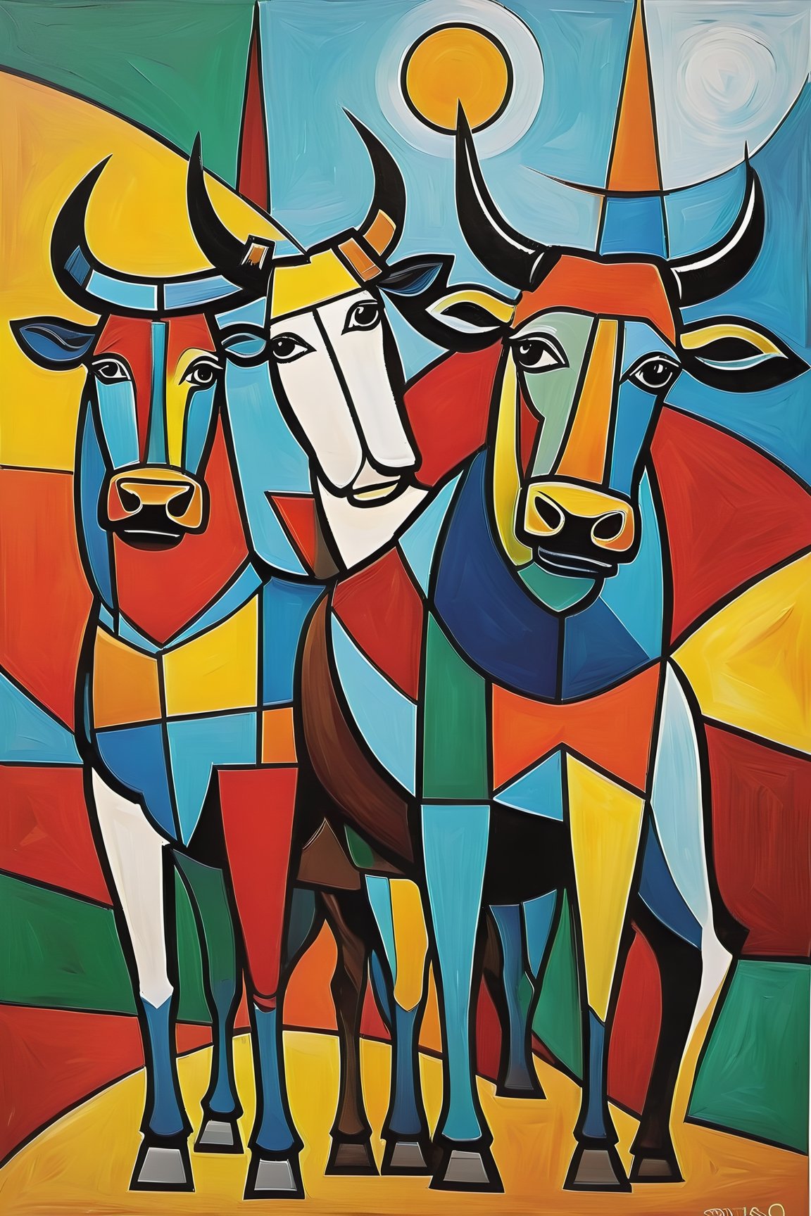 bulls. Pablo Picasso style painting.