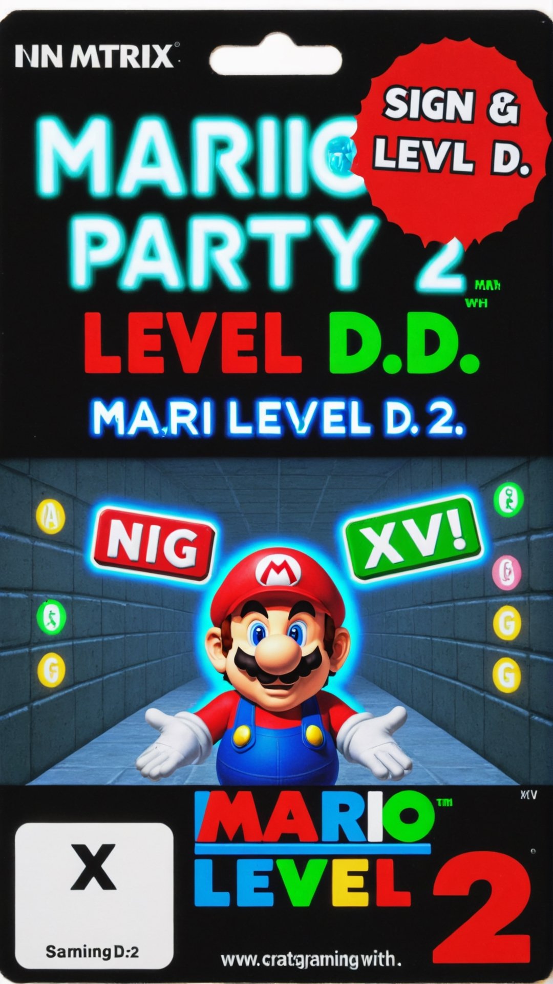 Neo in Matrix with sign that says "mario party 2 level xhv-sw6-d2g"