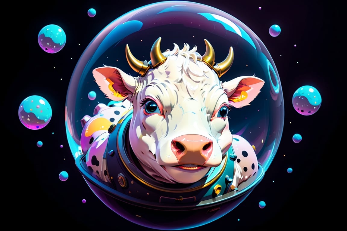 Epic and cinematic, many cows, a cow in a bubble helmet floating in space, cosmic, surreal, professional, award-winning, space trip