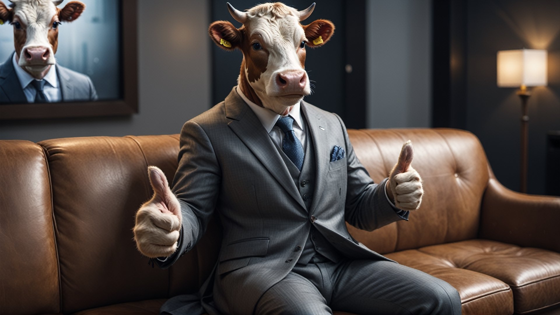 cinematic film still ((BBC Style)) picture of, ultra-detailed, hyper-realistic, a cow dressed in Suit is sitting on the leather sofa, thumbs up, gentle smile, cinematic light, film grain, grainy, high quality photography, 3 point lighting, flash with softbox, 4k, Canon EOS R3, hdr, smooth, sharp focus, high resolution, award winning photo, 80mm, f2.8, bokeh