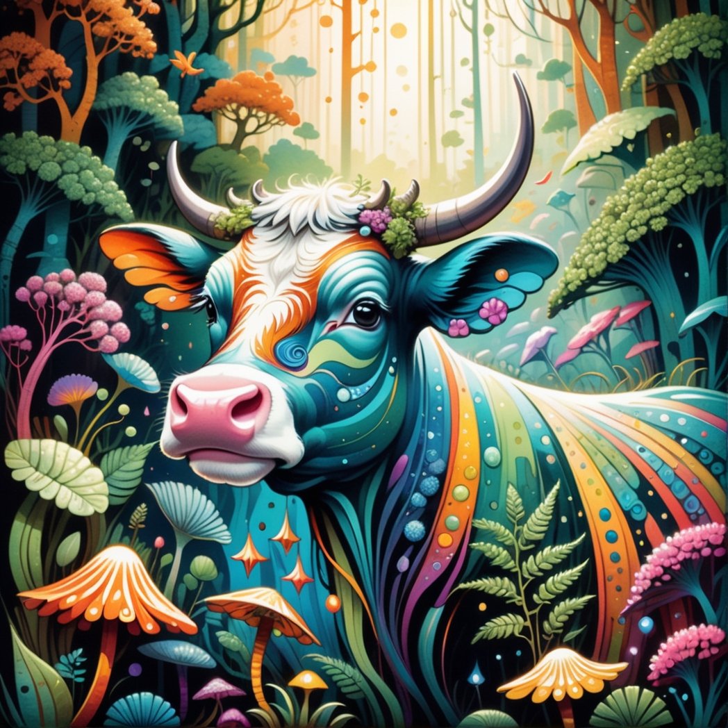 triadic colors, best quality, a close up highly detailed cow, moss, ferns, rowanberries, highly detailed glittering scales, by Craola, Dan Mumford, Andy Kehoe, 2d, flat, cute, adorable, vintage, art on a cracked paper, fairytale, storybook detailed illustration, cinematic, ultra highly detailed, tiny details, beautiful details, mystical, luminism, vibrant colors, complex background,more detail XL