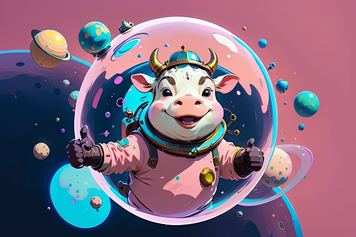 Epic and cinematic, a cow in a bubble helmet, one hand with big thumbsup pose, floating in space, cosmic, surreal, professional, award-winning, space trip surround by planets, pinlk color background, by Van Gogh