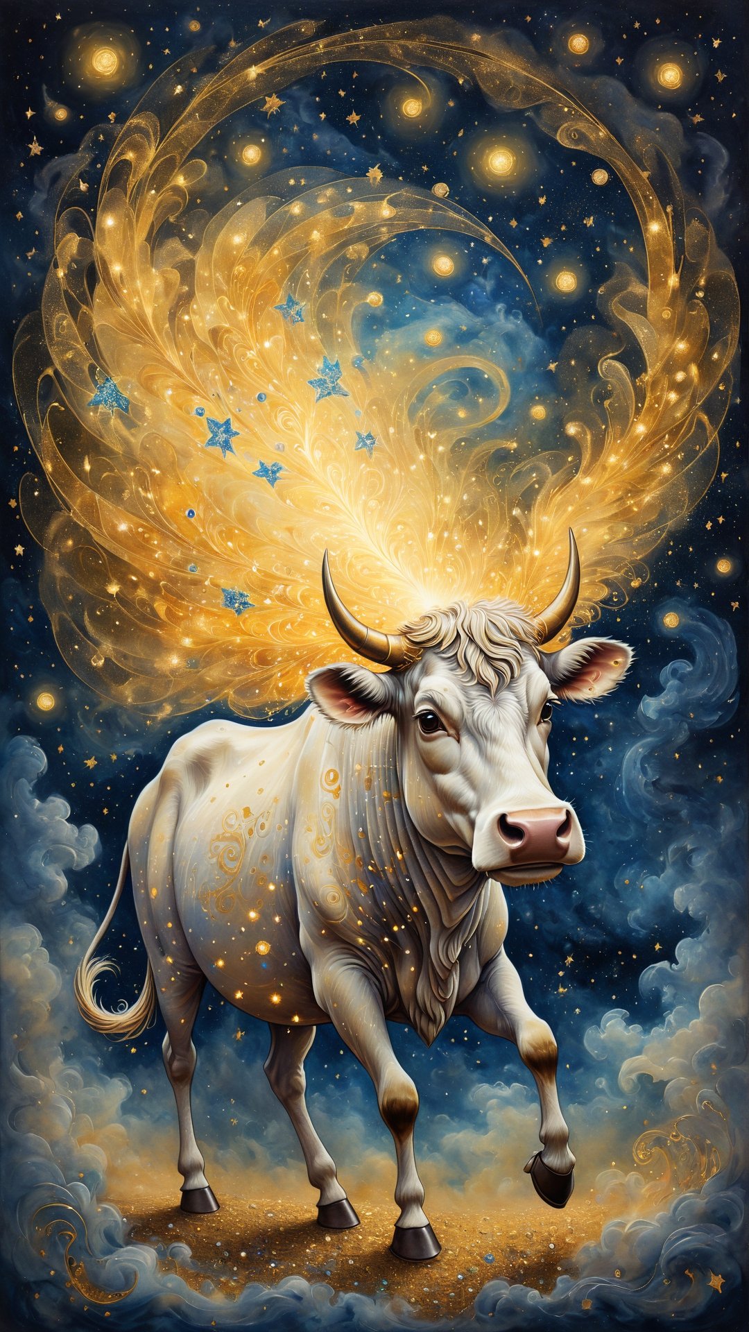 whimsical illustration of a magical night in an astral card, painted on old wrinkled paper, one of it's kind, surrealism, pointillism, golden and sapphire, pearlescent glow, glowy smoke, billowing smoke, dynamic strokes, art by MSchiffer, Extreme Wide/Long Shot, a beautiful cow in middle with full body with dynamic strokes