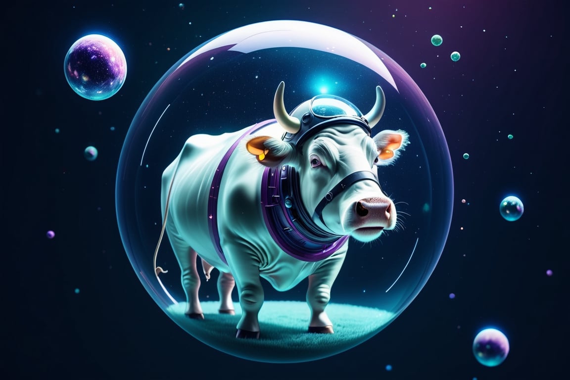 Epic and cinematic, cow in a bubble helmet floating in space, cosmic, surreal, professional, award-winning