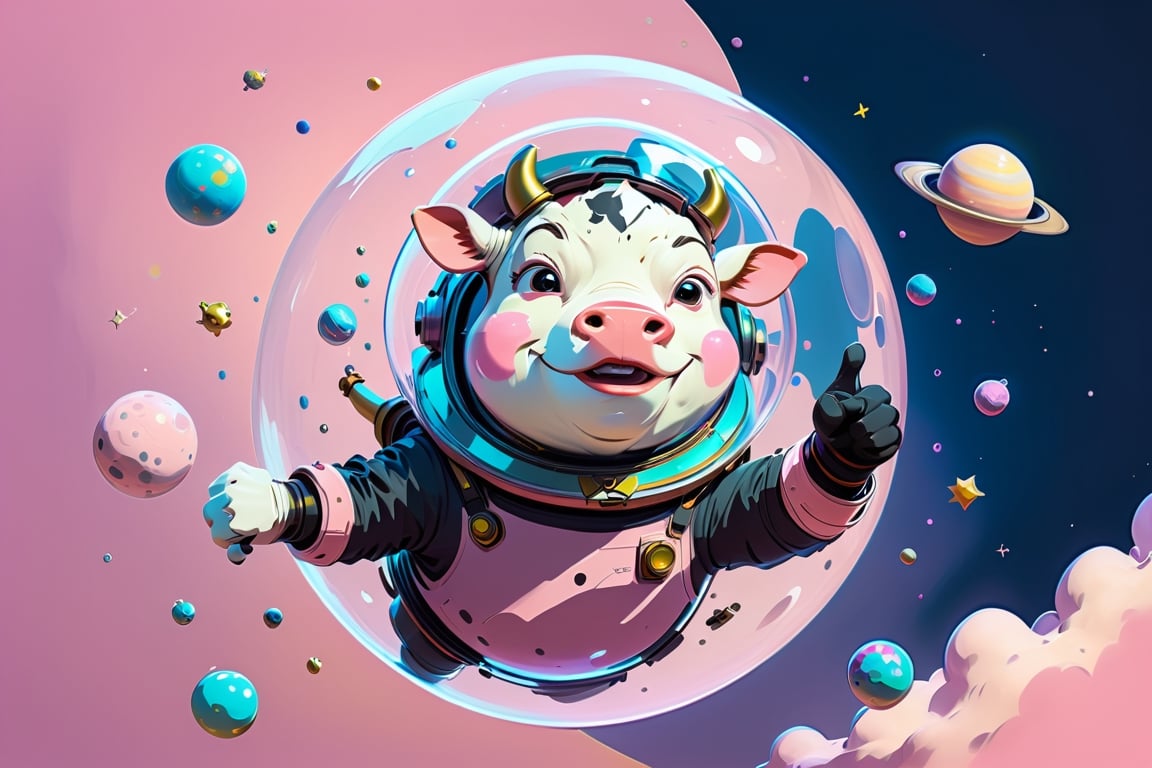 Epic and cinematic, a cow in a bubble helmet, one hand with big thumbsup pose, flyiing, floating in space, cosmic, surreal, professional, award-winning, space trip surround by planets, pinlk color background, by Van Gogh