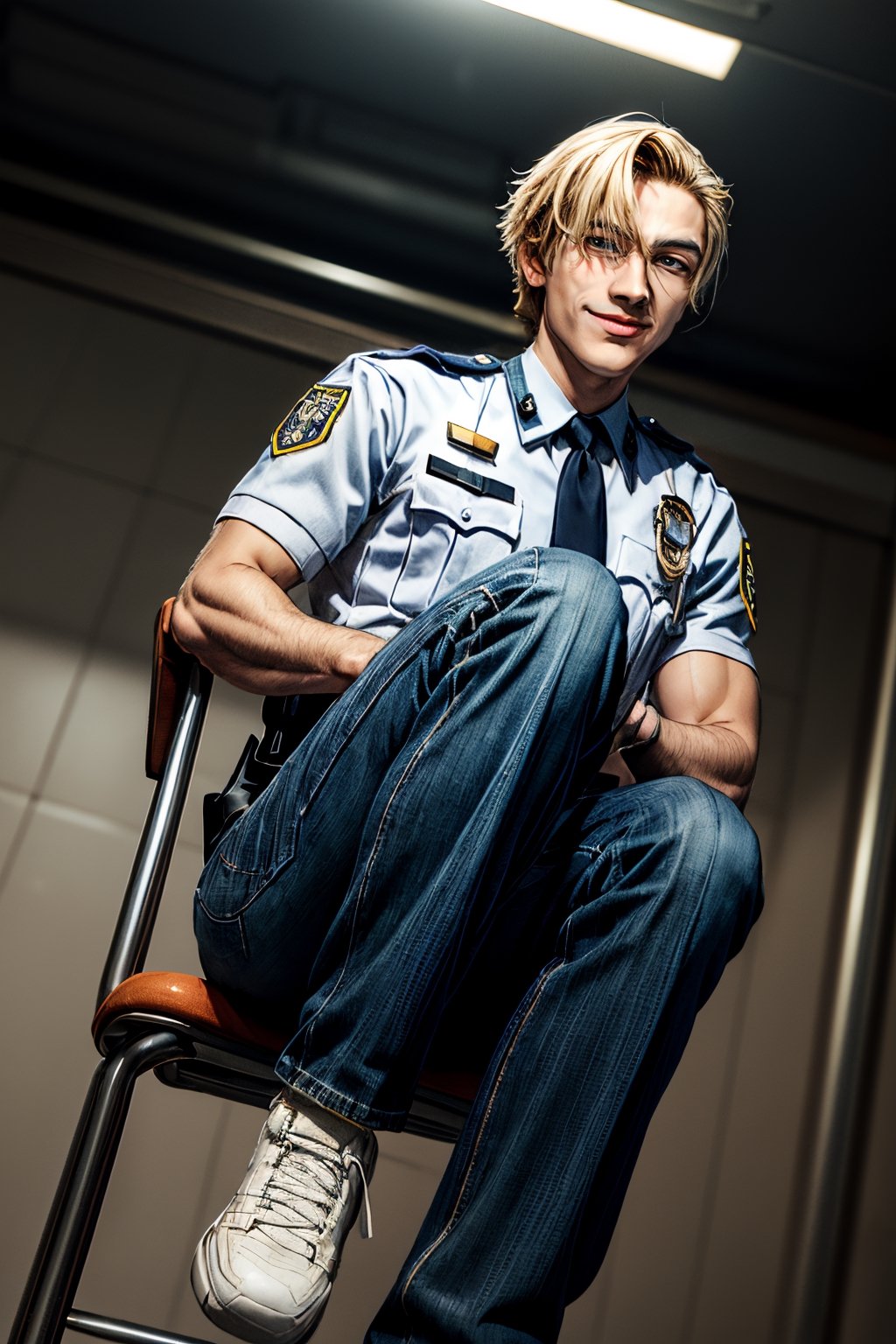 masterpiece, photorealistic:1.38,  best quality,  (detailed face, detailed eyes),  1boy,  solo,  20 years old, athlete body, muscular, male focus,  Amuro Toru, blond_hair, (tanned skin), (Japan police officer uniform), masculine:1.36, police academy, (full body:1.4), (flirty smirk), sitting on a chair, dynamic view, motiontrail, (from below:1.21), correct_anatomy, cinematic lighting,Detailedface