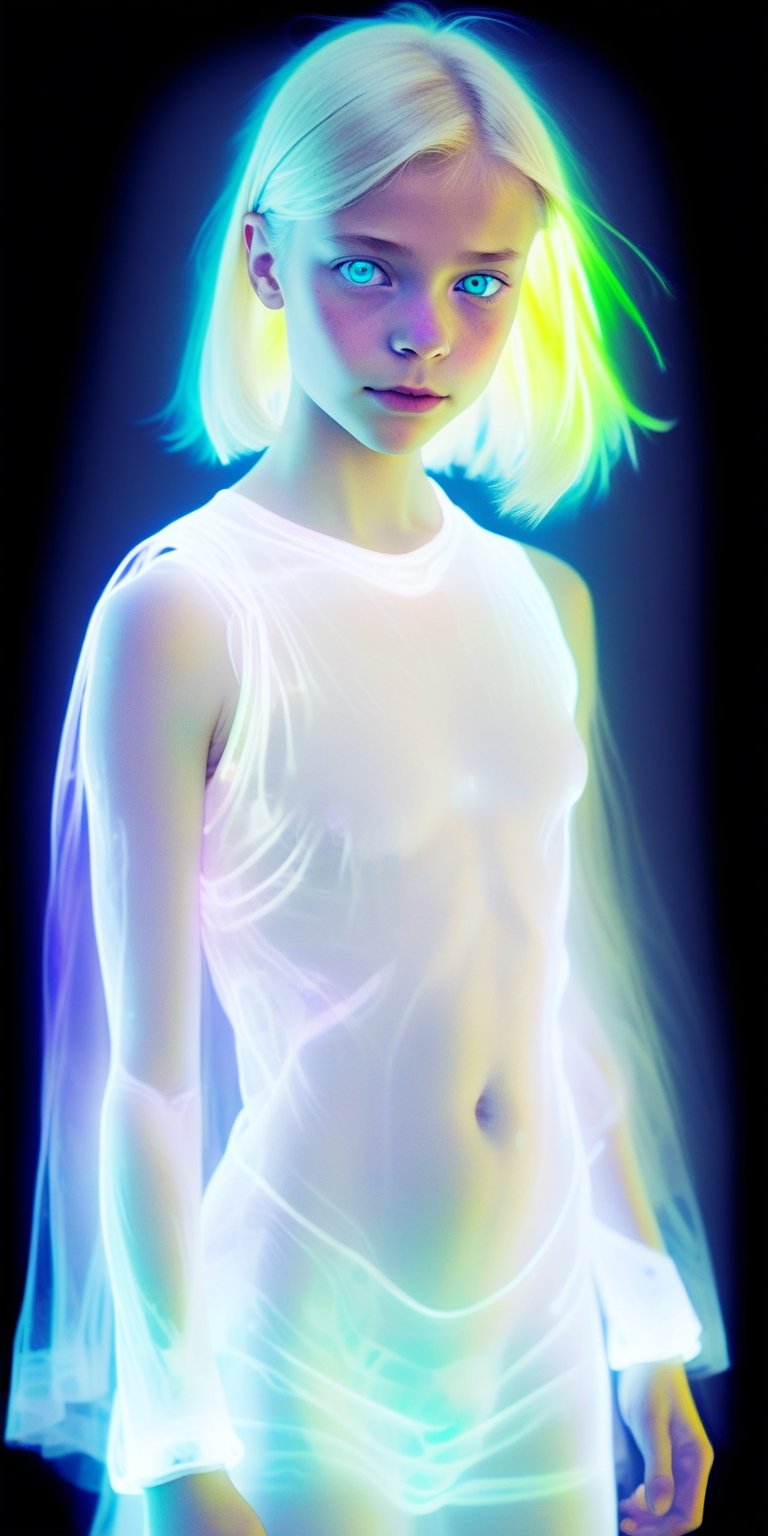 Blond girl, (((ghostly creature:1.5))), (((translucent:1.5))), Mschiffer's art, neon lights RBG, (light particles), bright white, colorful, RBG colors, strong backlit, bokeh,