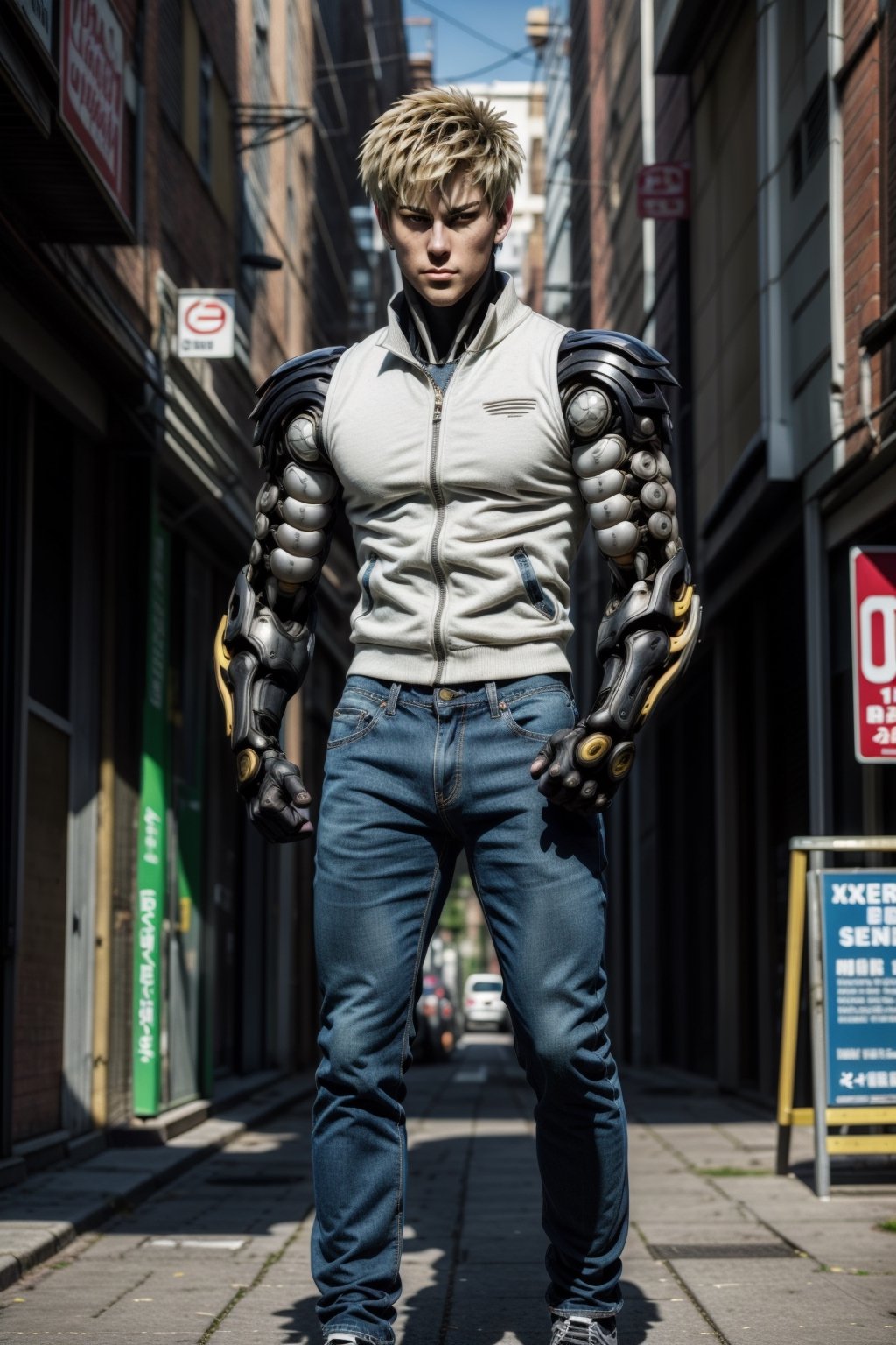 (photorealistic:1.4, full body:1.35), Genos(one punch man), mechanical cyborg, average human height, 19-year-old japanese man, His face and ears look like that of a normal human, made of artificial skin, and his eyes have black sclera with yellow irises, blond hair, blonde eyebrows:1.15, (one punch man anime), sleeveless jean jacket, short jeans, muscular:1.25, masculine:1.28, glowing body, dynamic fighting pose:1.22, motiontrail, ((mechanical fingers, detailed face, detailed eyes, detailed hair)), from below, cyberpunk style, tilted view, wide shot, correct_anatomy, perfect body ratio, looking_at_viewer 