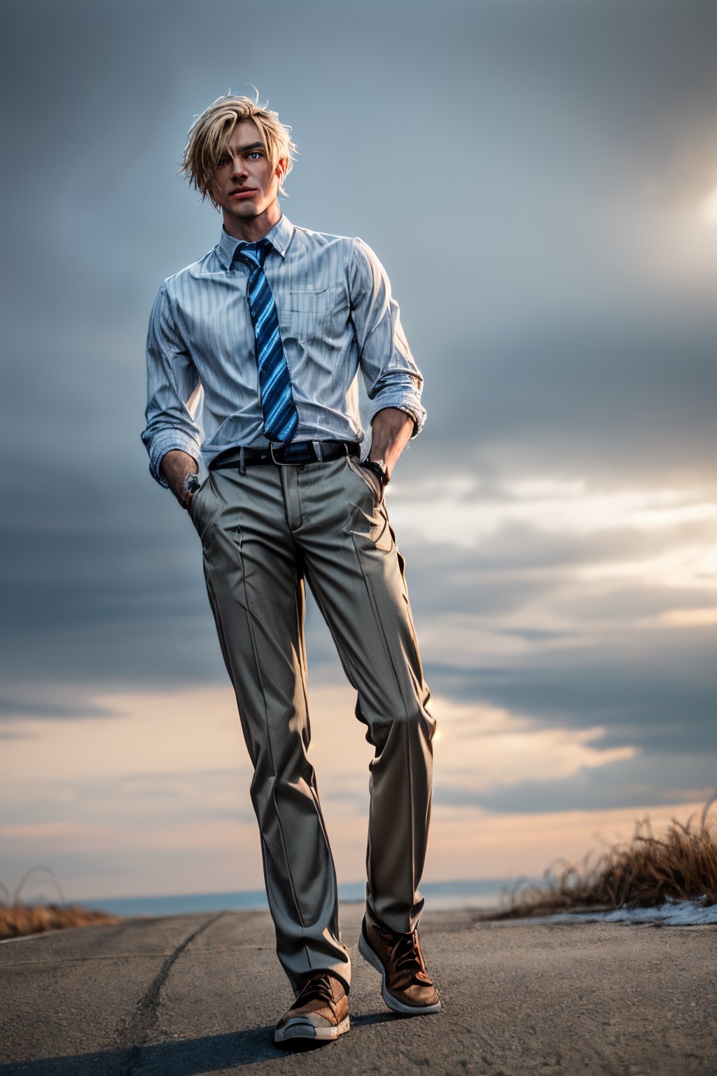 masterpiece, photorealistic:1.38,  best quality,  (detailed face, detailed eyes),  1boy,  solo,  athlete body, muscular, male focus,  Amuro Toru, blond_hair, (tanned skin, olive trousers, navy light blue striped classic men's tie:1.12,  white shirt), masculine:1.36, outdoors, (full body:1.4), (hands in pocket, flirty smirk), dynamic pose, motiontrail, (from below:1.21), correct_anatomy, cinematic lighting,Detailedface