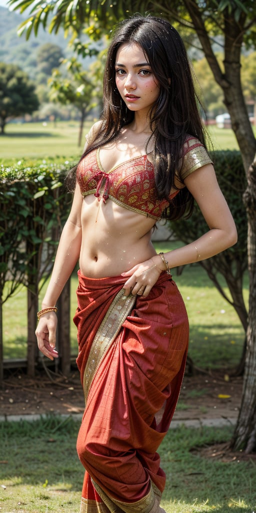 hindu_girl with indian saree , indian_village , wearing_pink_tight dhoti , detailed_background , 32k , 8k , masterpiece , high_resolution , beautiful , black_long_hairs ,girl wearing indian dhoti ,knee length, red_theme ,dhoti , belly exposed,  , dancing, flower field, perfect fingers ,wearing a k0715ar33,in a sexy pose,,wearing jewellery,having sex,standing in water,wet_clothes