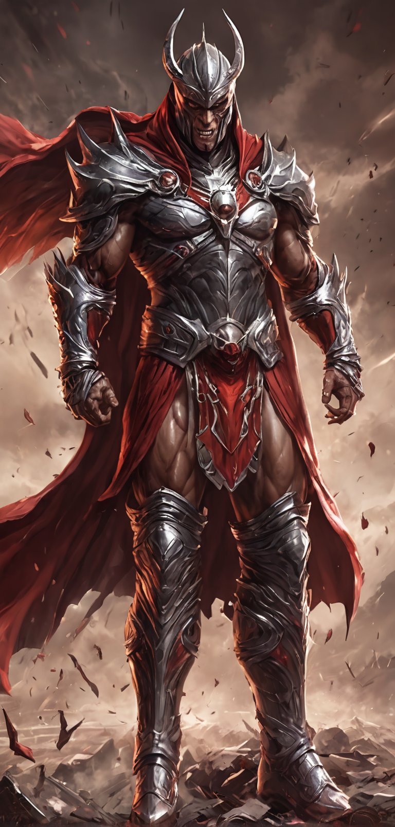 (extremely detailed 8k wallpaper), a medium full body photo of shao khan,intricate, highly detailed, dramatic, in shao kahn costume, ready for a fight,heavily muscular,read metallic head gear,skull face silver mask,metallic red boots,red shorts,metallic silver shoulder pads,red cape,screaming