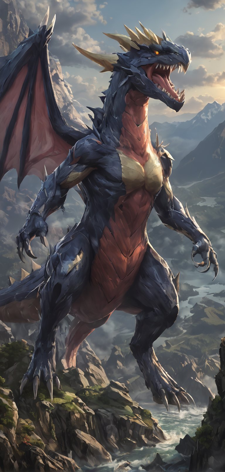 (extremely detailed 8k wallpaper), a medium full body photo of garcjomp of pokemon,intricate, highly detailed, dramatic, screaming,standing on a mountain,Garchomp