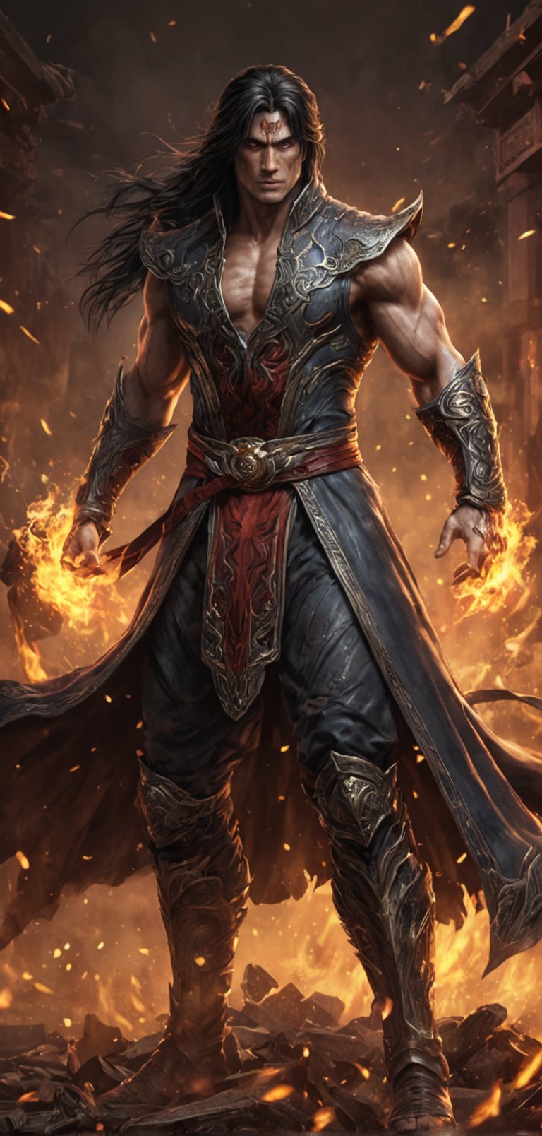 (extremely detailed 8k wallpaper), a medium full body photo of liu kang,intricate, highly detailed, dramatic, in liu kang costume, ready for a fight,fire all around him