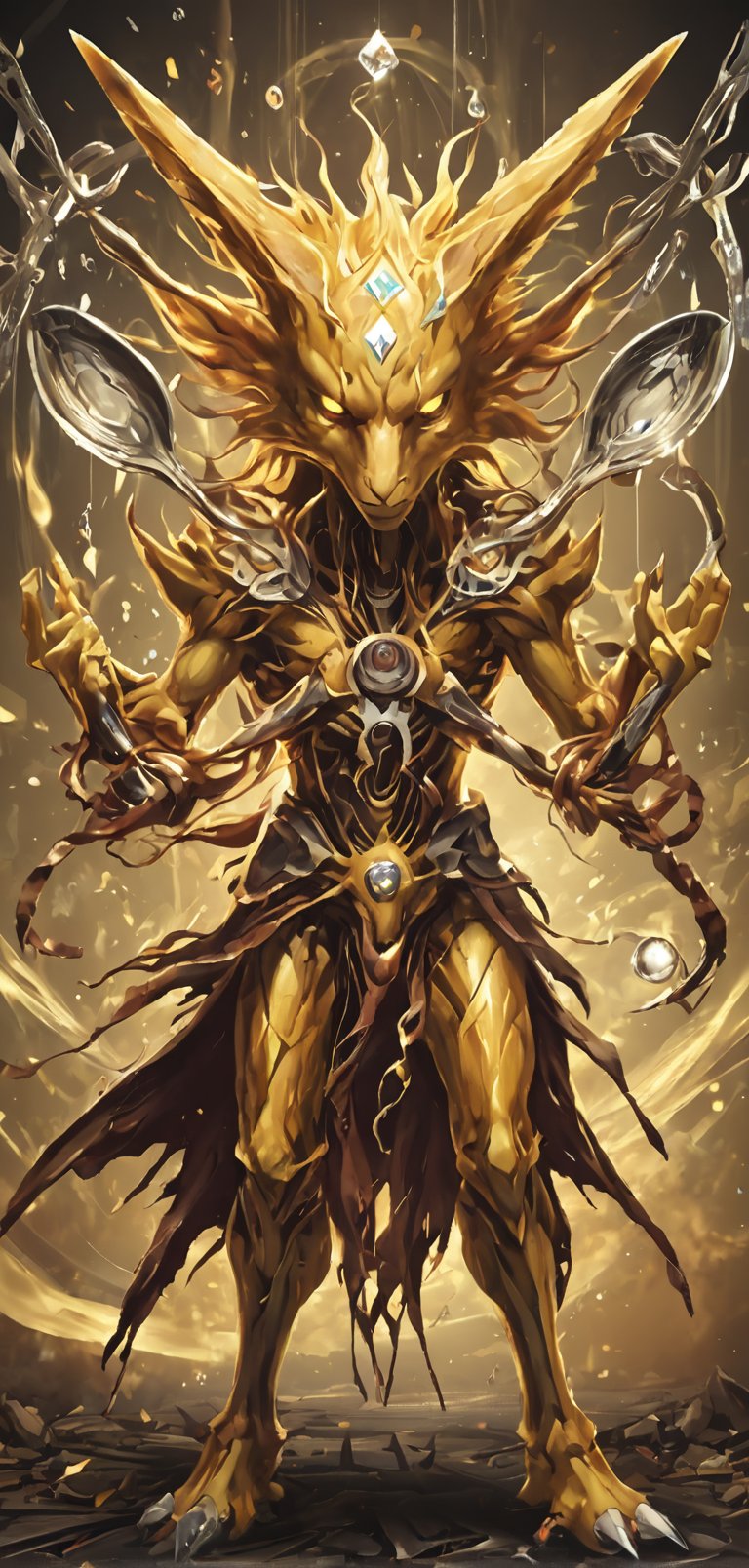 (extremely detailed 8k wallpaper), a medium full body photo of alakazam of pokemon,intricate, highly detailed, dramatic, hypnotising pokemon(creature),alakazam,holding two spoons in two hands