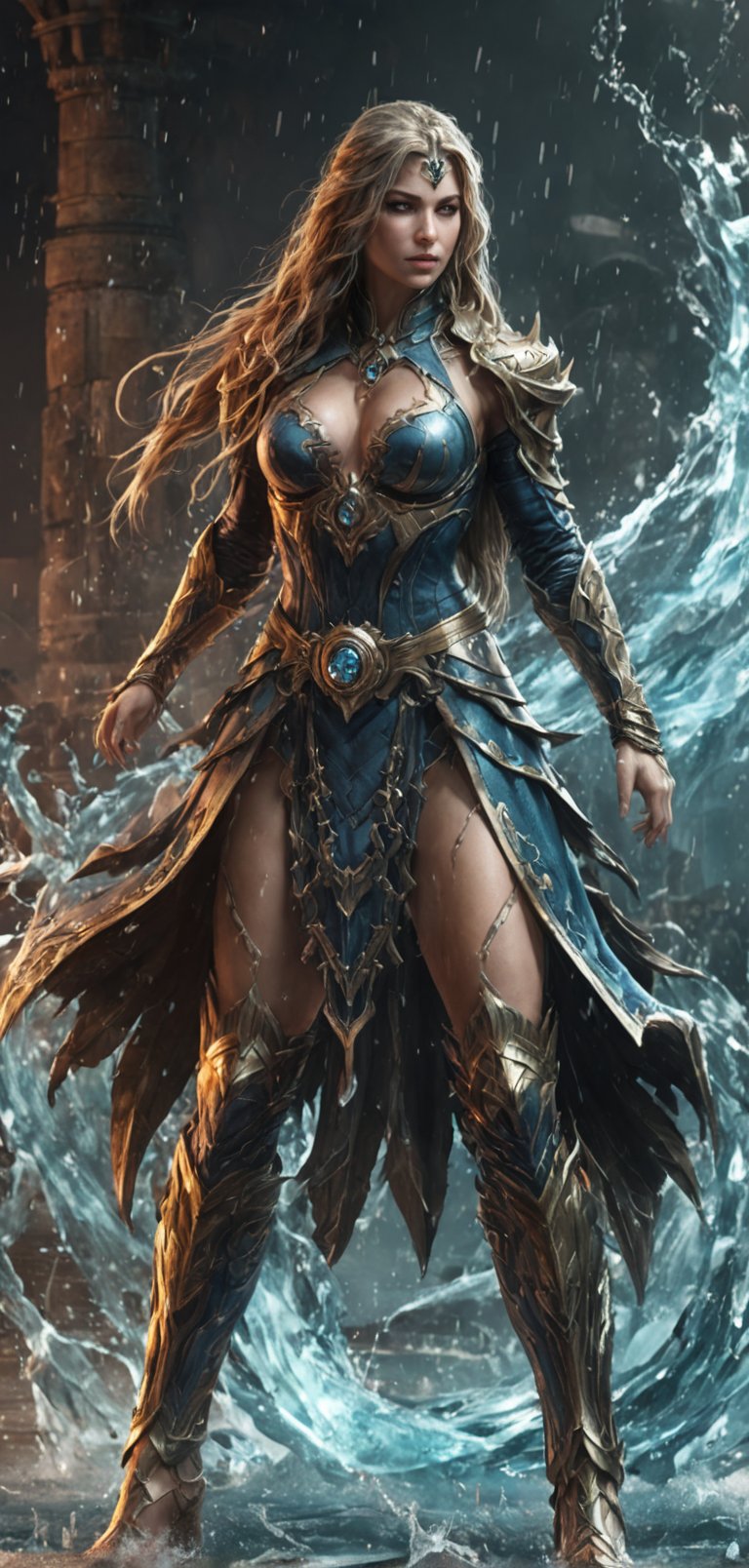 (extremely detailed 8k wallpaper), a medium full body photo of sonia of mortal kombat,intricate, highly detailed, dramatic, in sonia costume, blonde long hair,ready for a fight,water all around her