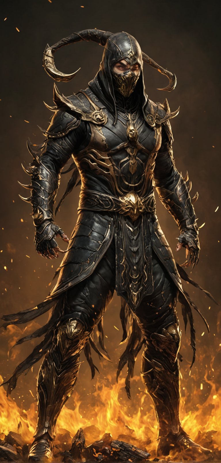 (extremely detailed 8k wallpaper), a medium full body photo of scorpion of mortal kombat,intricate, highly detailed, dramatic, in scorpion costume, ready for a fight,fire all around him