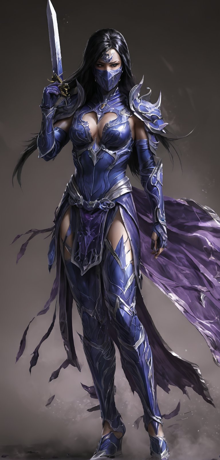 (extremely detailed 8k wallpaper), a medium full body photo of kitana,intricate, highly detailed, dramatic, in kitana costume, ready for a fight,she has long black hair,purple mask on her mouth,purple costume,kunai knives in hand