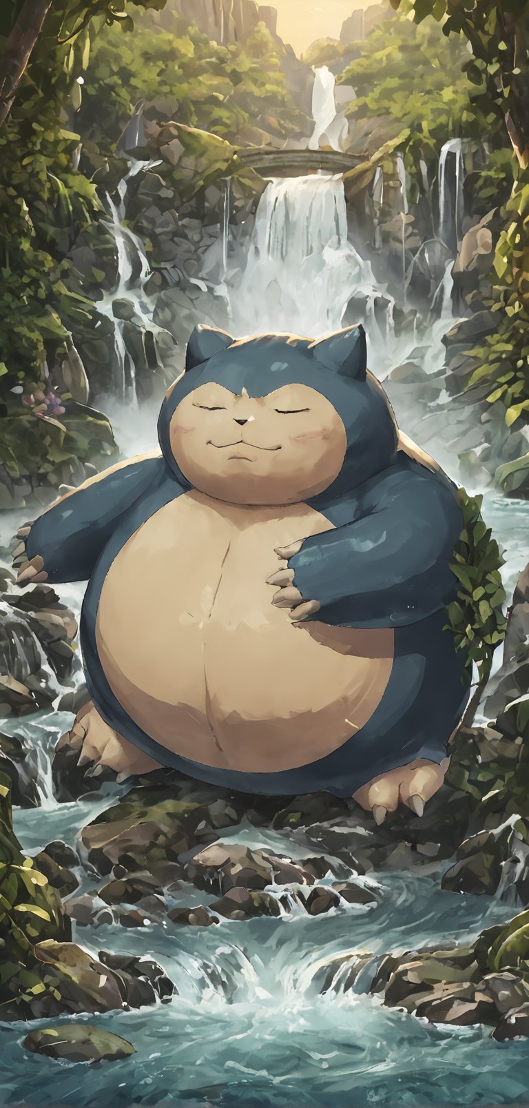 (extremely detailed 8k wallpaper), a medium full body photo of snorlax of pokemon,intricate, highly detailed, dramatic, sleeping near a waterfall ),snorlax,pokemon (creature),bladed arms,PC