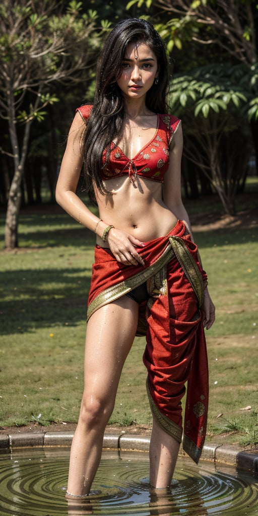 hindu_girl with indian saree , indian_village , wearing_red_tight dhoti , detailed_background , 32k , 8k , masterpiece , high_resolution , beautiful , black_long_hairs ,girl wearing indian dhoti ,knee length, red_theme ,dhoti , belly exposed,  , dancing, flower field, perfect fingers ,wearing a k0715ar33,in a sexy pose,,wearing jewellery,having sex,standing in water,wet_clothes