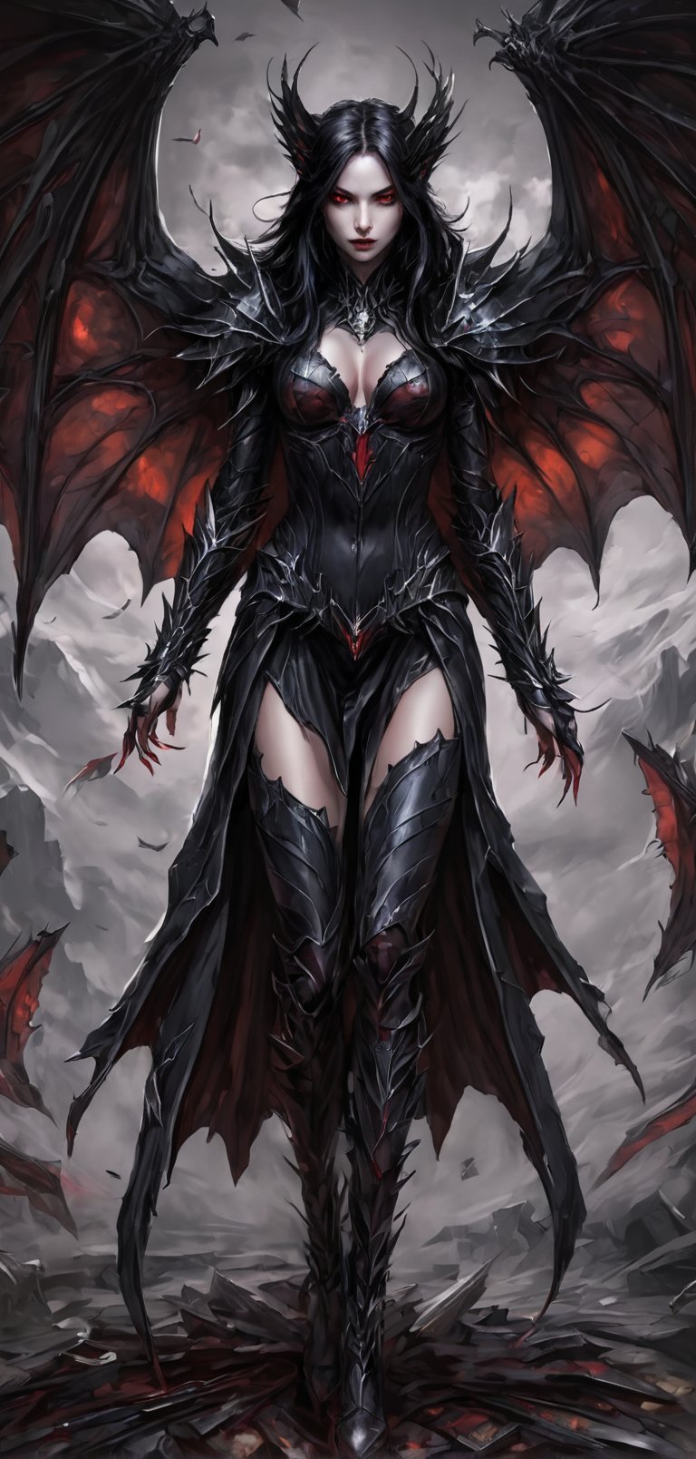 (extremely detailed 8k wallpaper), a medium full body photo of nitara,intricate, highly detailed, dramatic, in nitara costume, ready for a fight,she has long black hair,black costume,bat wings,vampire teeth,beautiful girl,red eyes,black boots,sharp nails