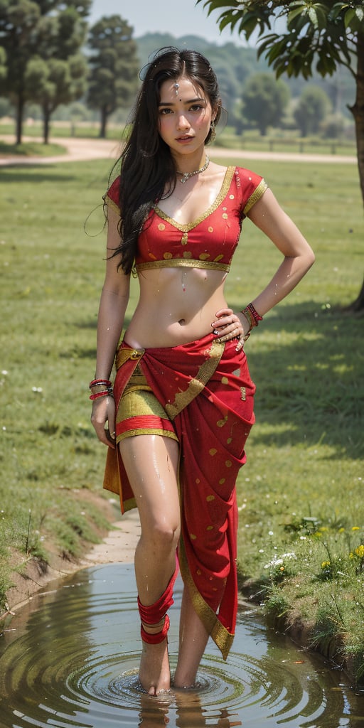 hindu_girl with indian saree , indian_village , wearing_pink_tight dhoti , wet red bradetailed_background , 32k , 8k , masterpiece , high_resolution , beautiful , black_long_hairs ,girl wearing indian dhoti ,knee length, red_theme ,dhoti , belly exposed,  , dancing, flower field, perfect fingers ,wearing a k0715ar33,in a sexy pose,,wearing jewellery,having sex,standing in water,wet_clothes,SLOPPY FELLATIO, SALIVA