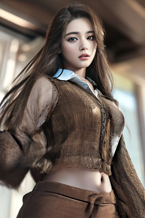 photorealistic, masterpiece, best quality, raw photo, 1girl, solo, long hair, brown hair, detailed face, alluring face, collared shirt, medium breasts, dynamic pose, looking at viewer, from below, detailed background, fine detailed, intricate detail,  ray tracing, depth of field, hdr,nene_koo,girl,burumashorts