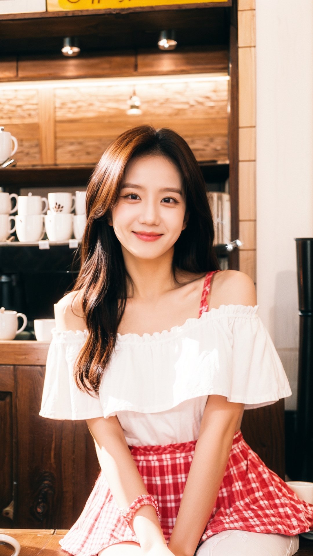 (masterpiece), 1girl, long brown hair, brown eyes, off shoulder, sitting, coffee house, coffee cup,1girl, smile face, white_blouse,JeeSoo, red_skirt