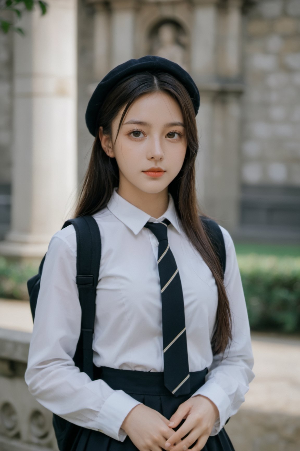 xxmix_girl, a 20 year old girl in School uniforms for British students, film, Luxurious Medieval European Museum, masterpiece, smile, cold, full-body_portrait