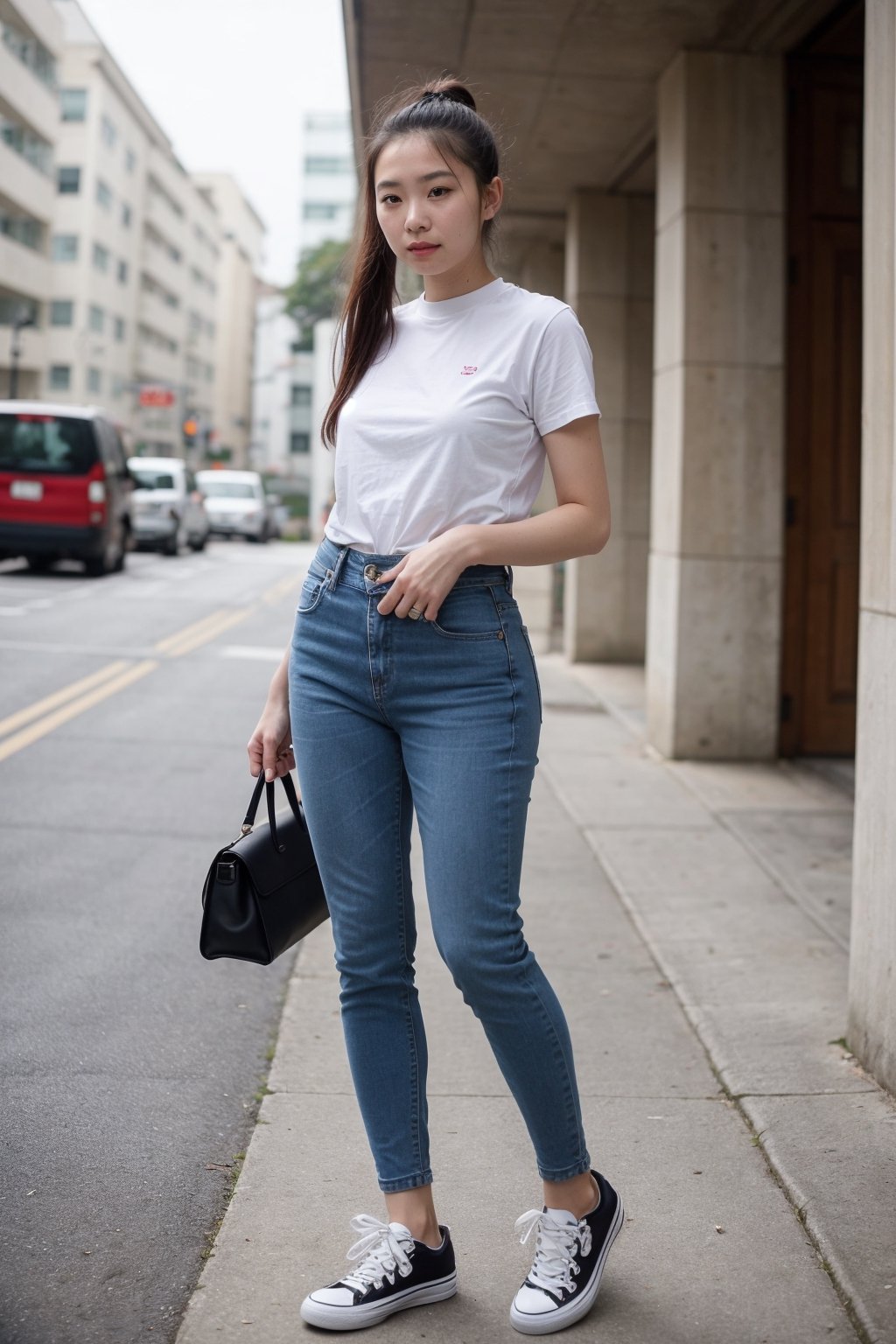 A Chinese girl.Wearing tight jeans,Wearing a tight bottoming shirt,Wearing canvas shoes,ponytail,full body photo,Tall.