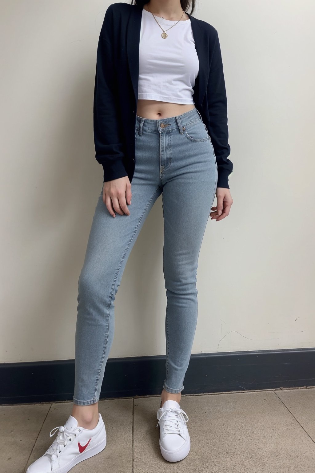 A Chinese girl.Wearing tight jeans,Wearing a tight bottoming shirt,Wearing canvas shoes,ponytail,full body photo,Tall.