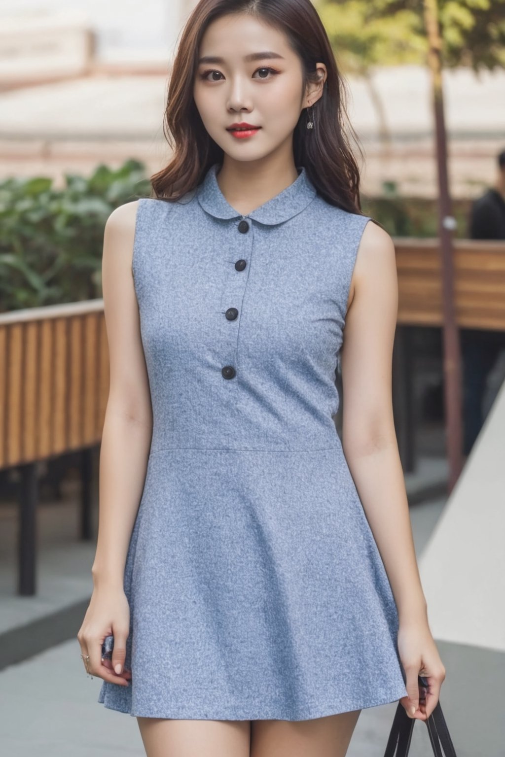 a chinese girl wearing a short dress and flat shoes