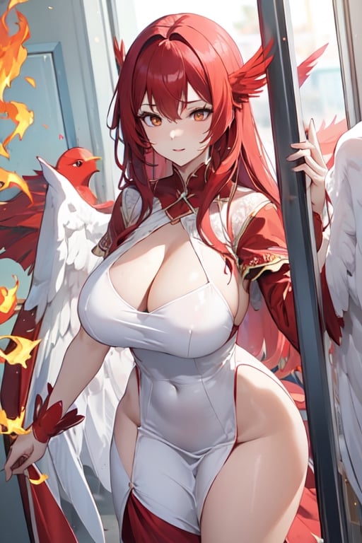 Mature woman, long red hair, red dress, big red bird wings, big breasts, fire phoenix