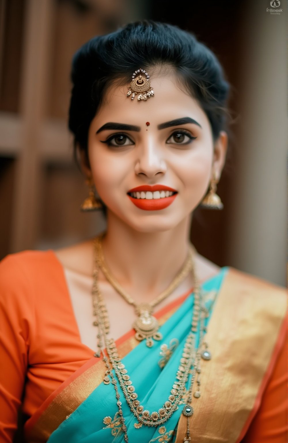 A close-up shot of a woman in a traditional Indian saree, adorned with gold embroidery and jewelry. She is dressed in a turquoise saree with a matching orange blouse. The saree is adorned with a gold necklace and earrings, adding a touch of gold to her outfit. The backdrop is blurred, creating a soft focus on the woman's face.