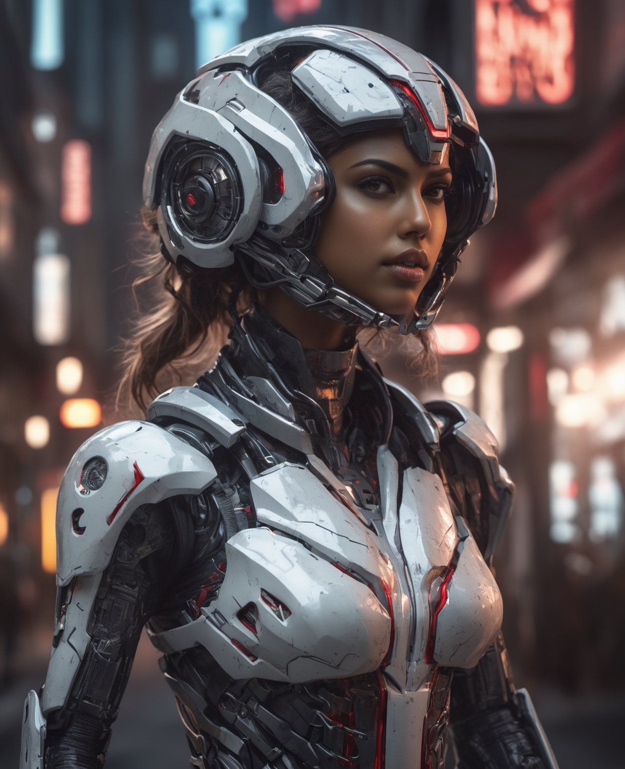 Full body, amala paul,  full size photo, street cyberpunk photo realistic , highly detailed beautiful organic molding, art nouveau, sharp focus, dynamic lighting, elegant harmony, beauty, evolution to robot , full face human cyberpunk, white and red,, ultra hd, realistic, vivid colors, highly detailed, UHD drawing, pen and ink, perfect composition, beautiful detailed intricate insanely detailed octane render trending on artstation, 8k artistic photography, photorealistic concept art, soft natural volumetric cinematic perfect light, Mysterious, smoke, shadows, contrast, clear sky, analog style (look at viewer:1.2) (skin texture) (film grain:1.3), (warm hue, warm tone