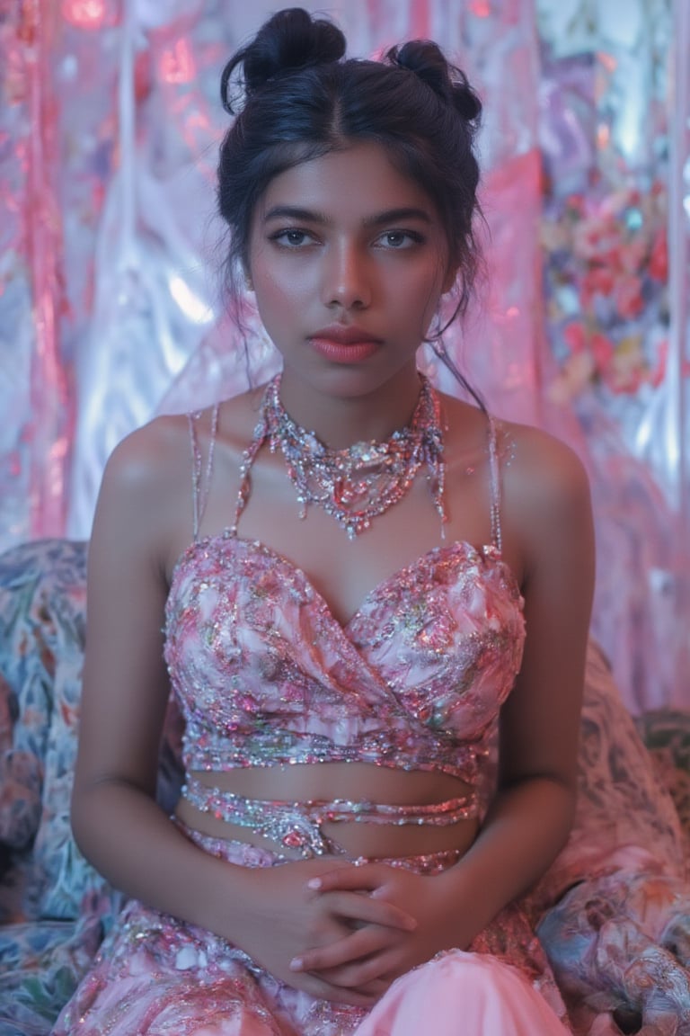 A hyperrealistic 8K render of an Indian-Russian woman in an eco-friendly haute couture outfit, blending pink and white tones with neon highlights inspired by Blade Runner and Tron Legacy. The wide-angle shot captures the layered complexity of the outfit, which is adorned with neon accents and fine jewelry. The minimalist yet richly textured background, influenced by Akira's surrealism, is lit with vibrant neon hues. The woman's face, detailed to reflect her mixed heritage, glows with an inner light, adding depth to the photorealistic scene. Crafted in Unreal Engine, this composition is a masterpiece of neon-lit eco-fashion, merging hyperrealism with futuristic and surreal elements.